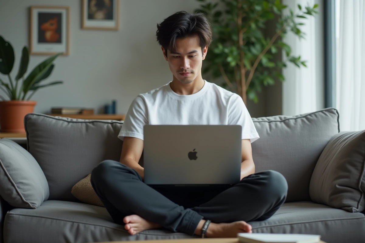 Homme organisant une collection numérique de scans manga sur ordinateur portable dans un salon minimaliste