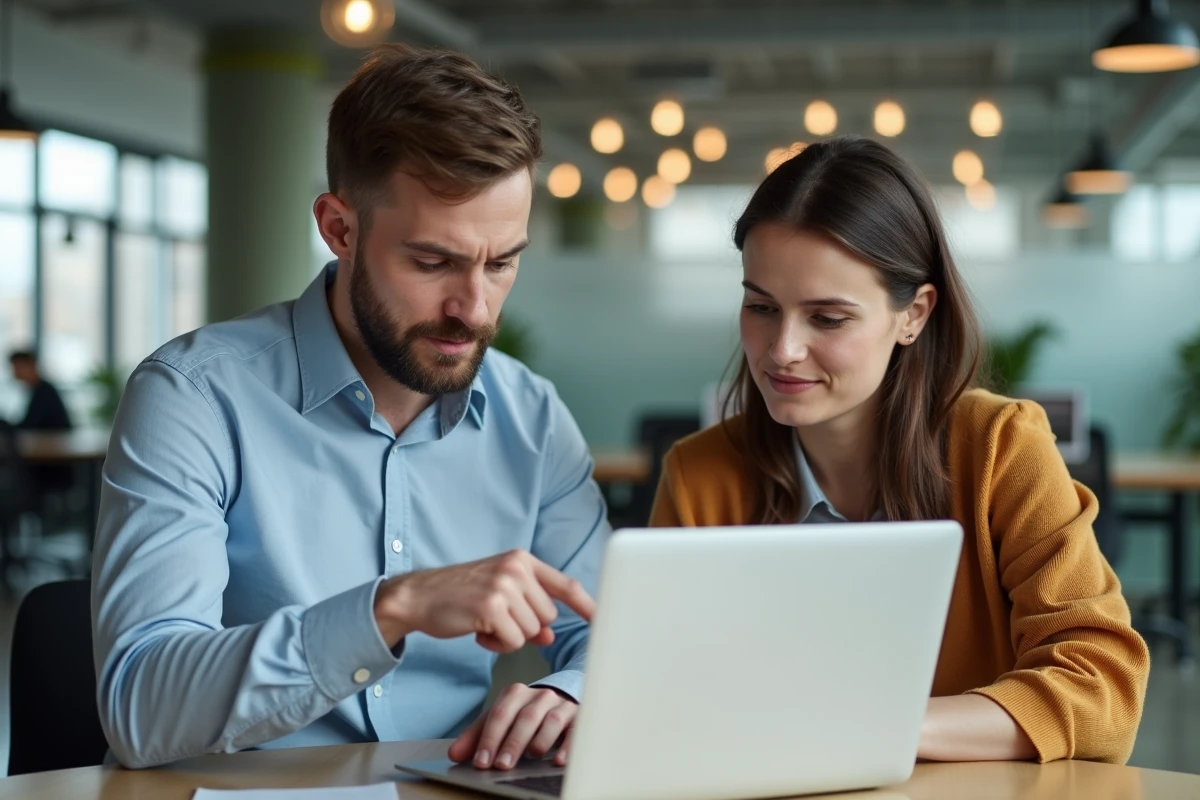 Deux collègues en coworking analysant ensemble un article de blog sur ordinateur portable, représentant l'évaluation critique de la fiabilité d'Échelle de Jacob Blogspot