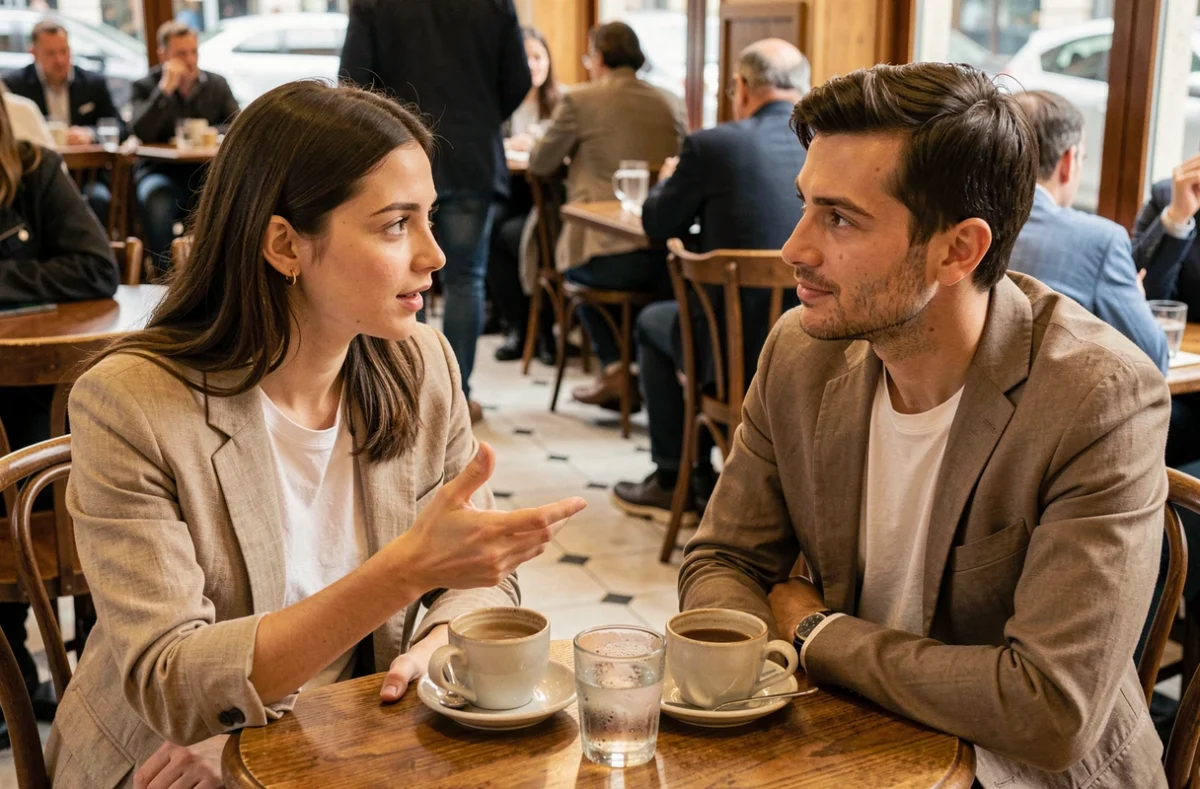 Deux collègues en conversation dans un café parisien, illustrant une discussion sur les nuances de sens dans le langage français