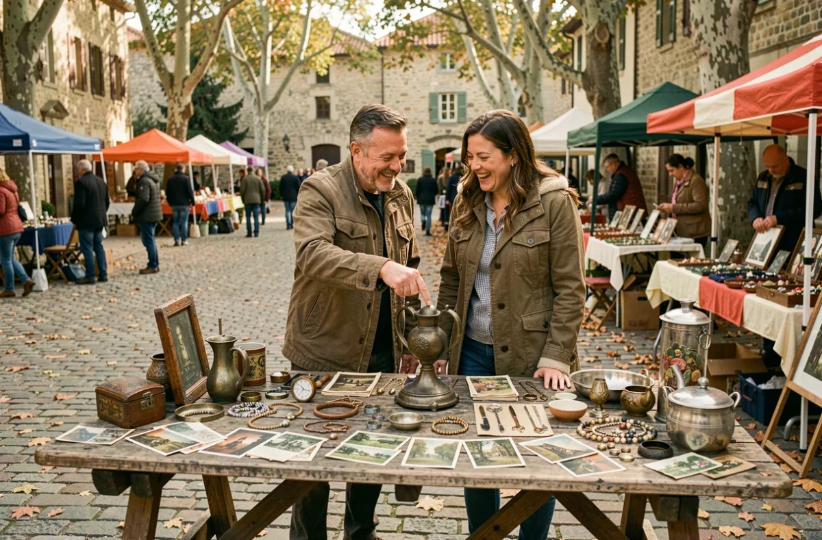 Couple découvrant des objets anciens sur un stand de braderie dans une place de village en automne
