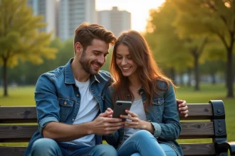 Couple souriant assis sur un banc dans un parc urbain
