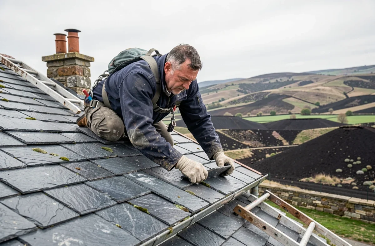 Couvreur professionnel posant des ardoises sur un toit en pente dans le Puy-de-Dôme avec les collines auvergnates en arrière-plan