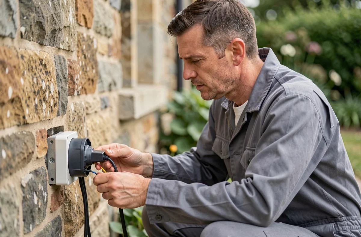 Technicien de David Service installant une prise électrique extérieure sur une maison en pierre bretonne