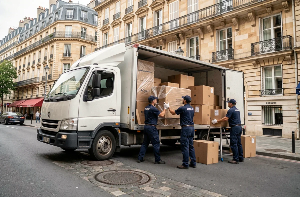 Équipe de déménageurs professionnels chargeant un camion dans une rue typique de Lyon