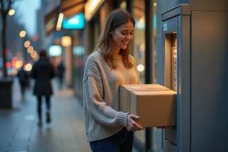 Femme déposant un colis dans une consigne automatique Vinted Go en soirée devant un supermarché