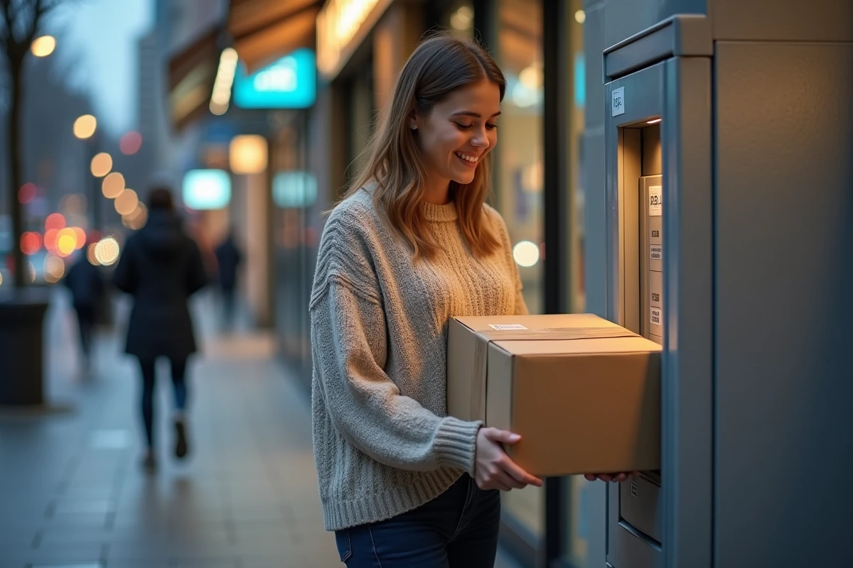Femme déposant un colis dans une consigne automatique Vinted Go en soirée devant un supermarché