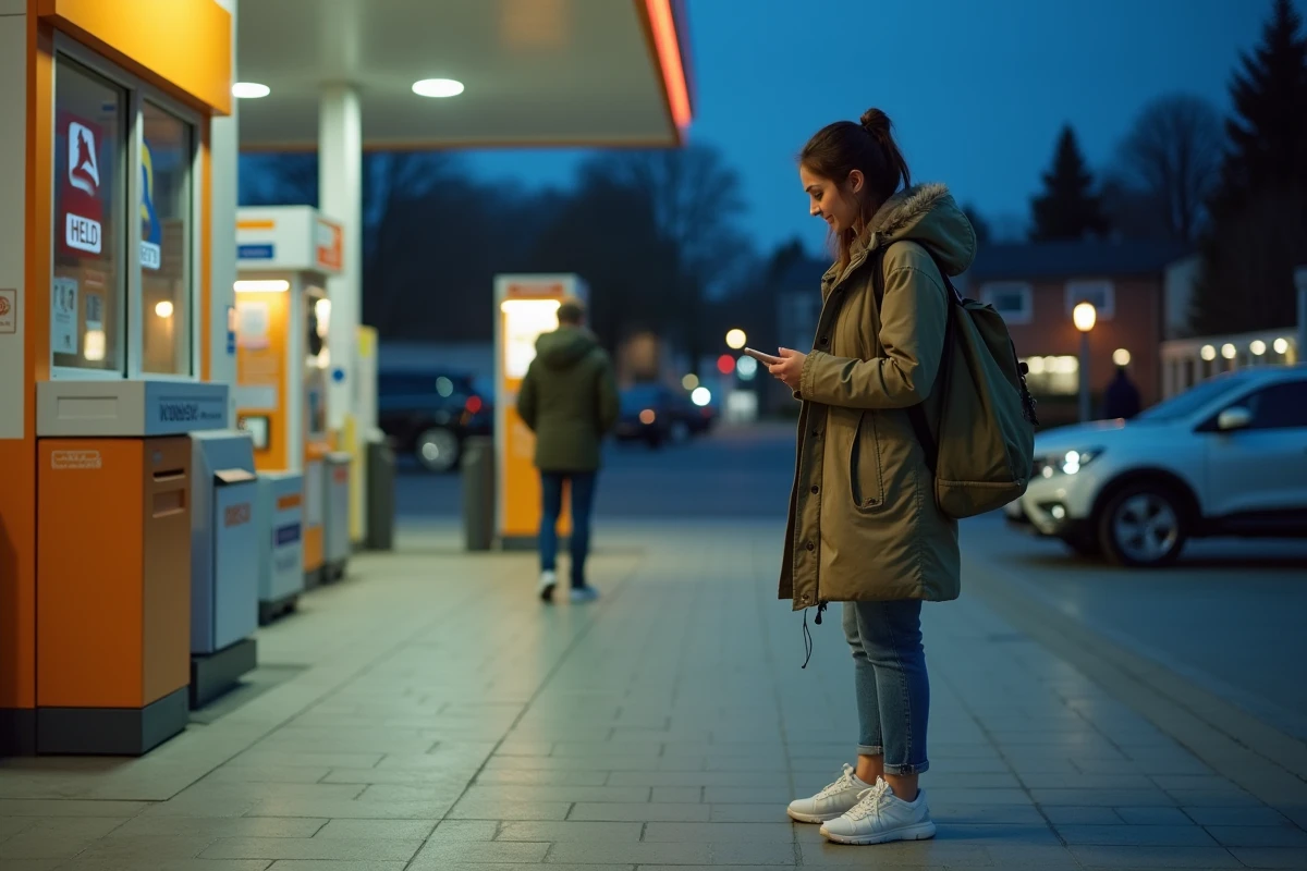 Jeune femme vérifiant son téléphone avant de déposer un colis Vinted Go dans une station-service le soir
