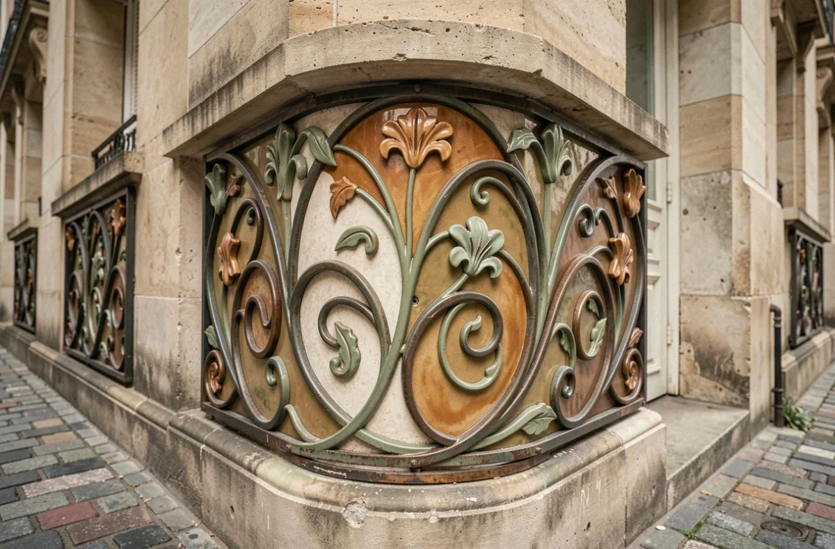Détail architectural Art nouveau sur une façade parisienne, avec ferronnerie sinueuse et céramiques peintes à la main aux motifs floraux stylisés