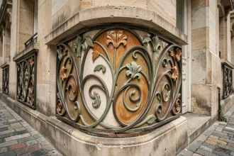 Détail architectural Art nouveau sur une façade parisienne, avec ferronnerie sinueuse et céramiques peintes à la main aux motifs floraux stylisés