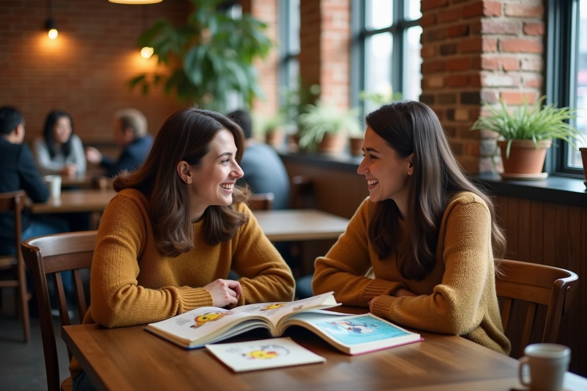 Deux amis adultes discutant de stratégies Pokémon de type Psy autour d'un guide ouvert dans un café urbain