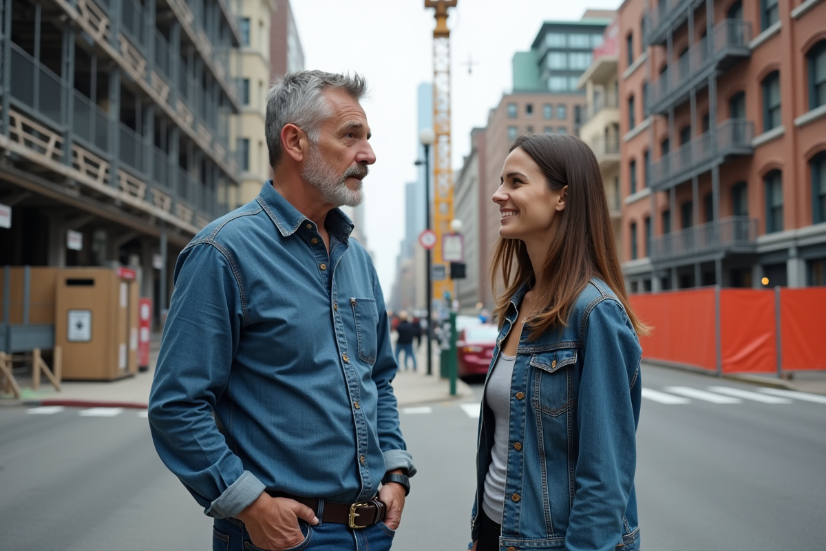 Homme et femme discutant devant un chantier urbain