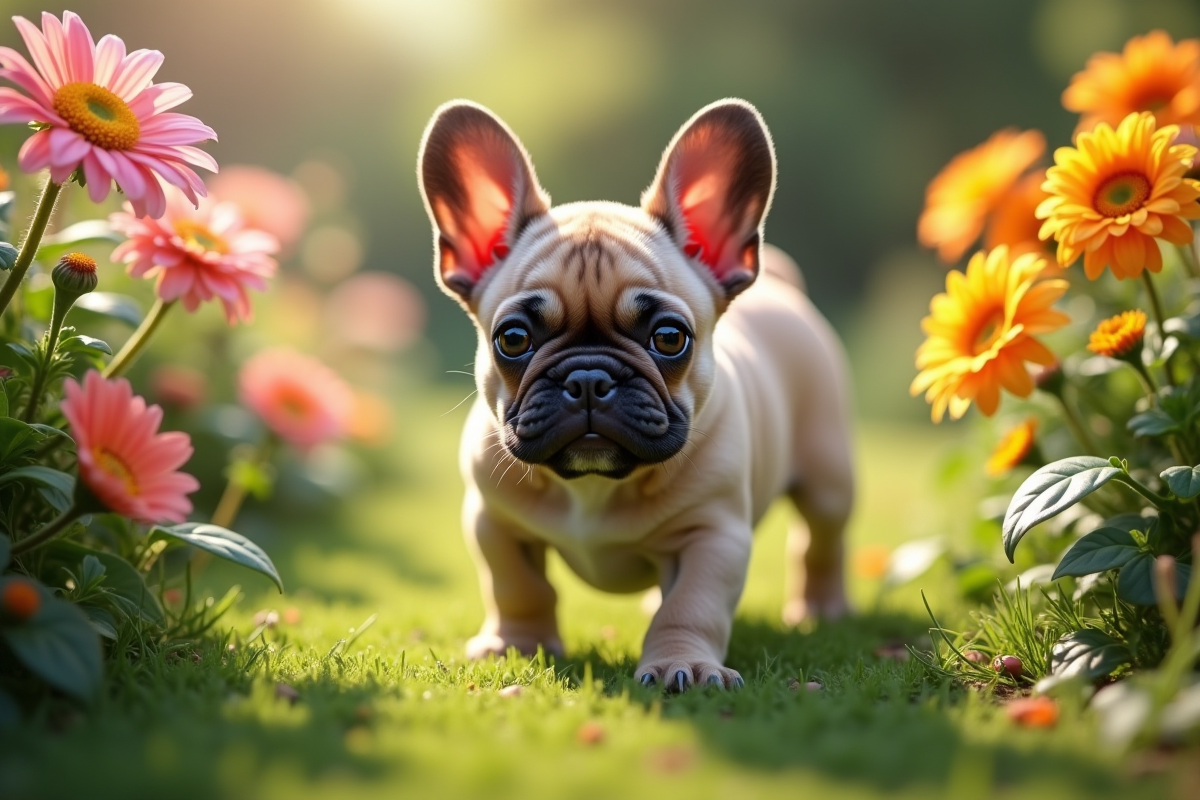 Bouledogue français nain explorant un jardin fleuri