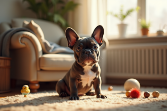Bouledogue français nain assis sur un fauteuil cosy