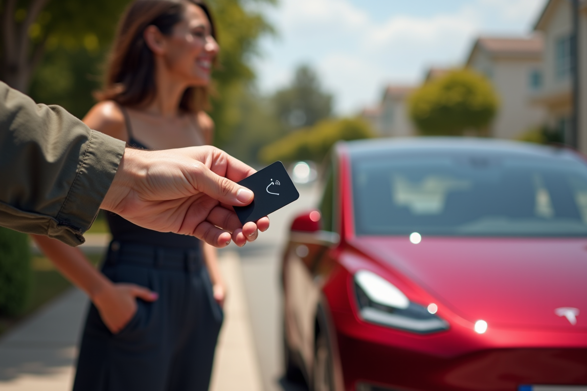 Main passant une carte de clé Tesla à une femme devant une Tesla rouge