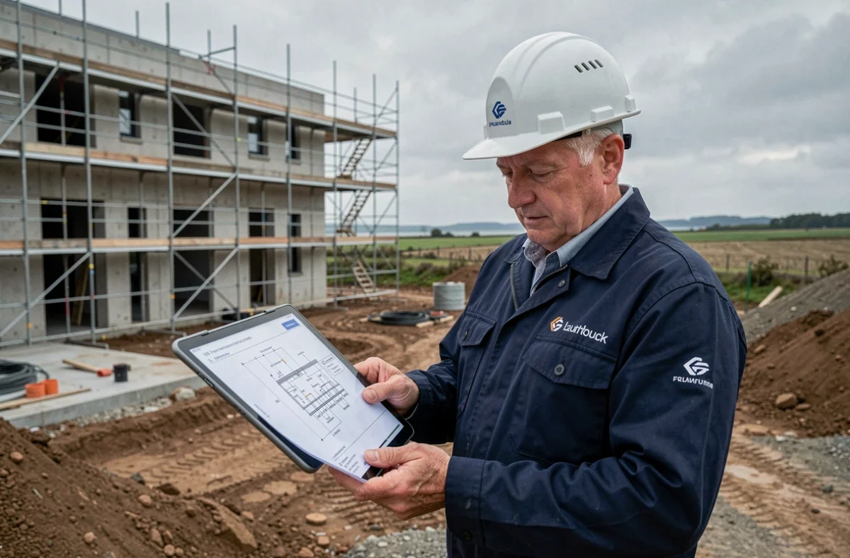 Électricien d'Élec Ouest Bretagne supervisant un chantier de construction résidentielle en Bretagne avec une tablette
