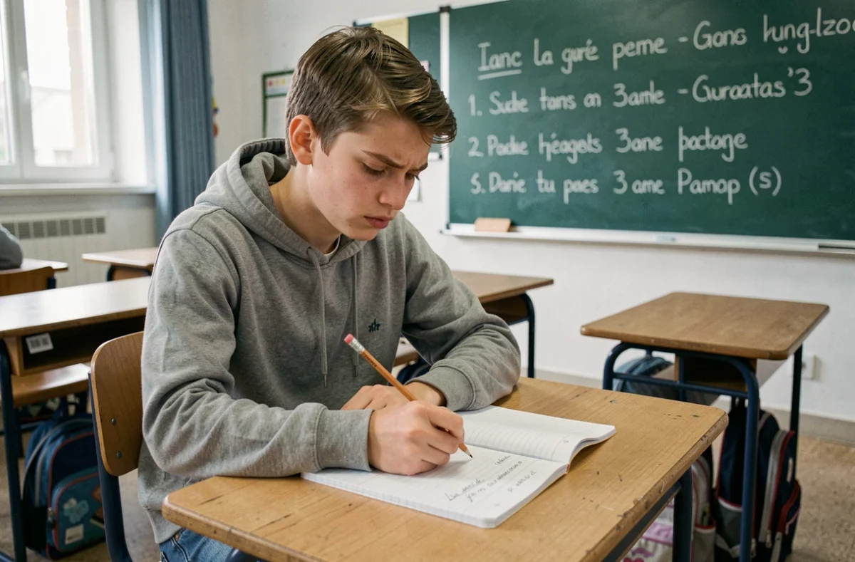 Élève hésitant sur l'orthographe pendant une dictée dans une salle de classe