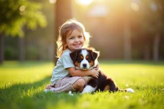 Enfant souriant avec un chiot australien dans le jardin