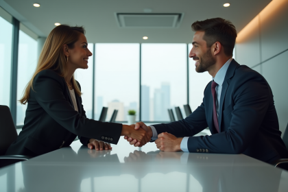 Femme d'affaires et jeune homme se serrant la main dans un bureau moderne