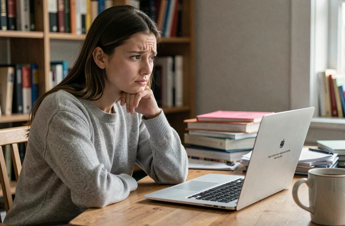Femme frustrée devant un message d'erreur de connexion sur son ordinateur portable à domicile