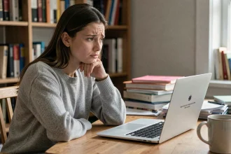 Femme frustrée devant un message d'erreur de connexion sur son ordinateur portable à domicile