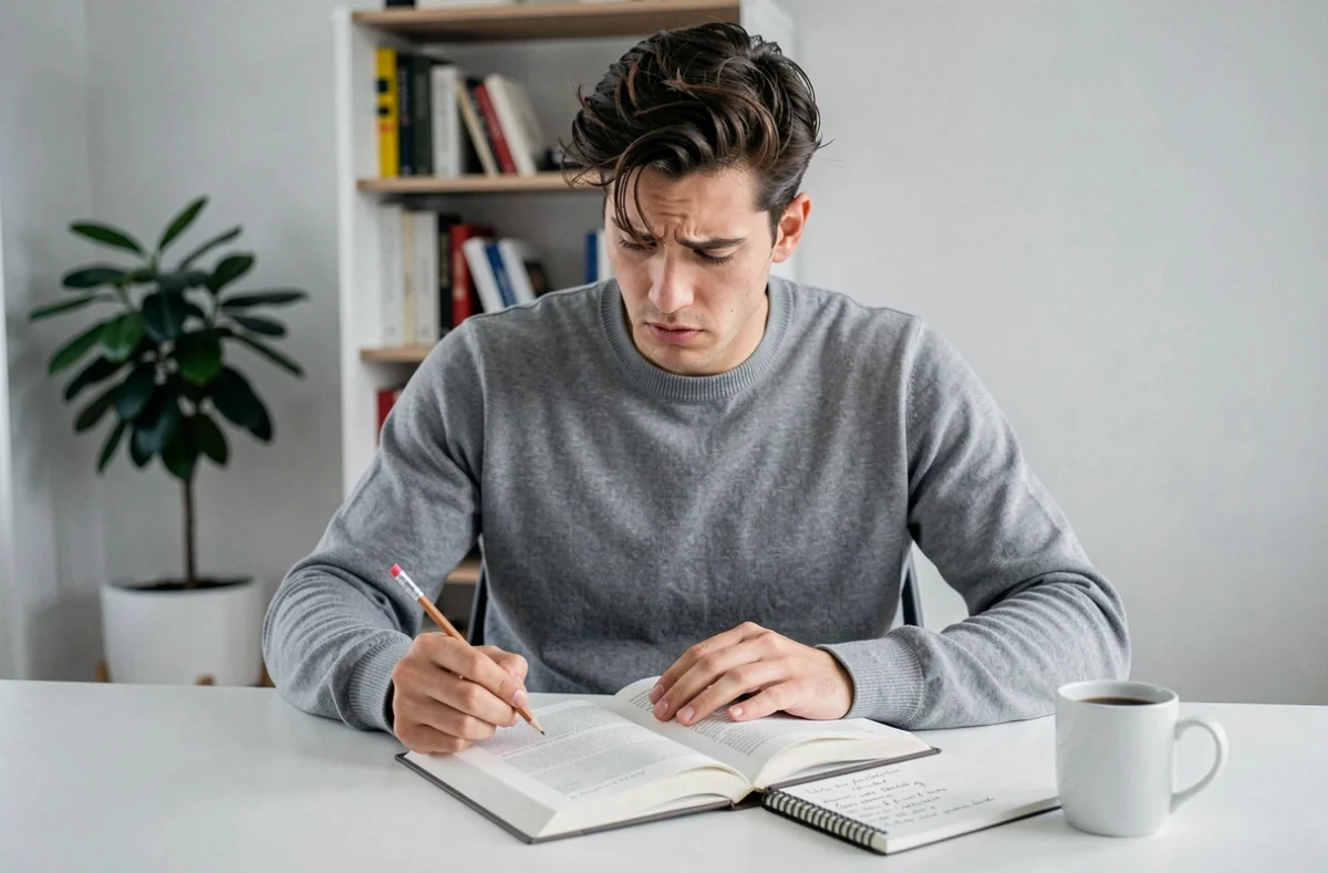 Jeune homme étudiant les nuances grammaticales du français à son bureau, avec un livre de grammaire et des notes manuscrites