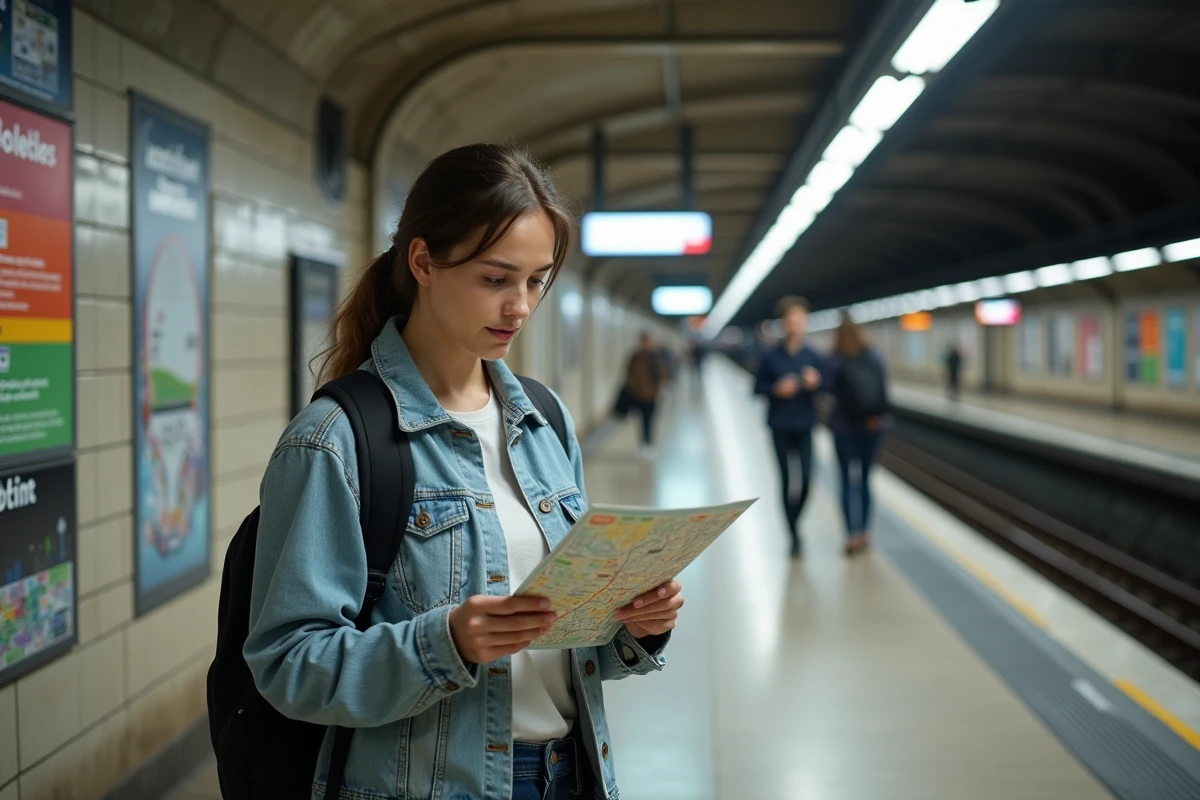 Étudiante consultant un plan du métro de Toulouse sur le quai d'une station souterraine