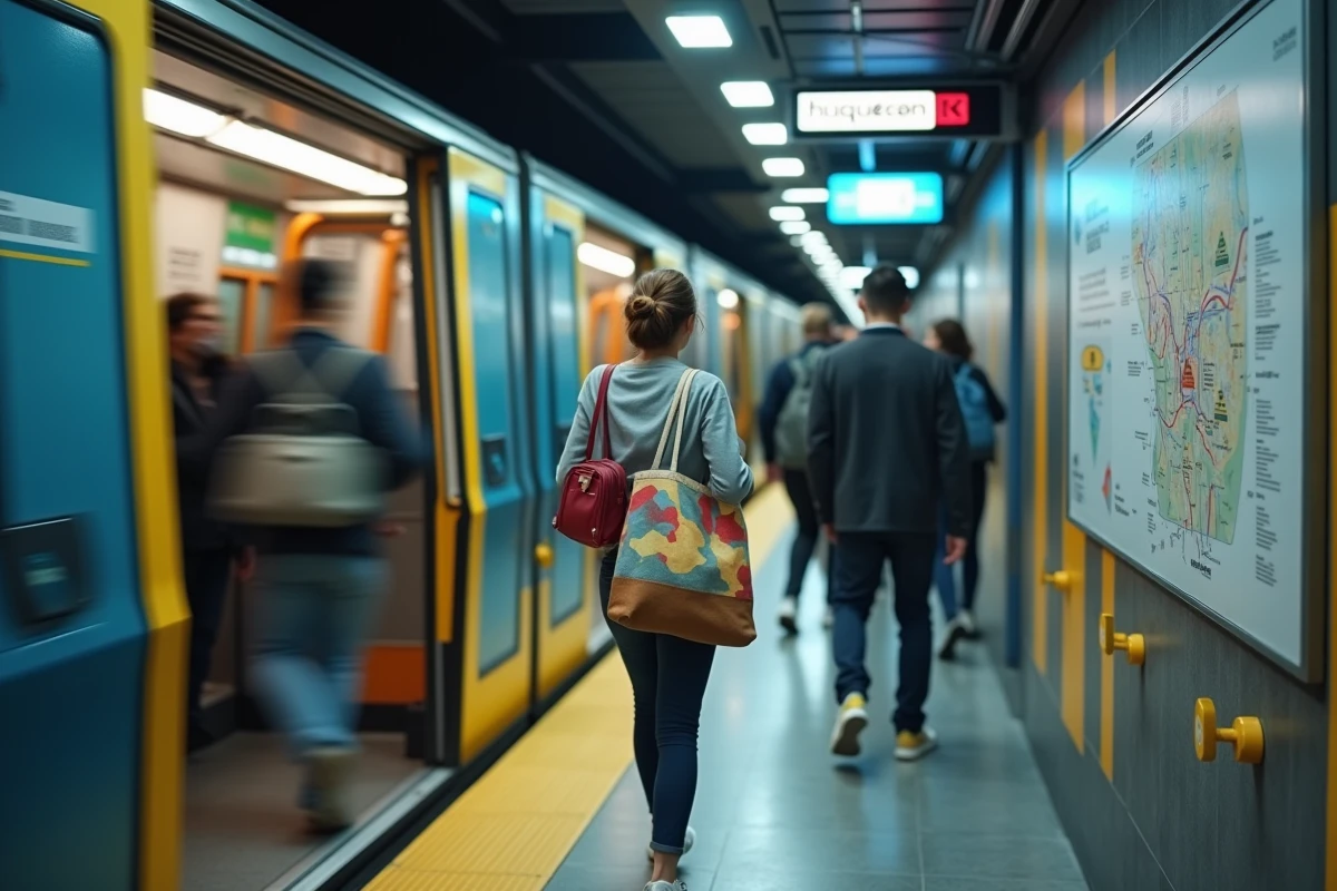 Jeune femme sortant du métro de Toulouse et regardant le plan du réseau en station