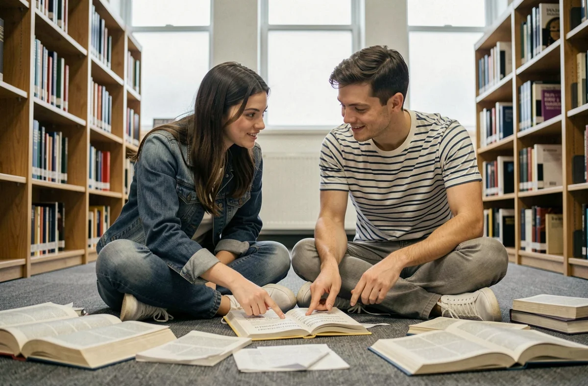 Deux étudiants assis par terre dans une bibliothèque universitaire, consultant ensemble un manuel de grammaire française ouvert