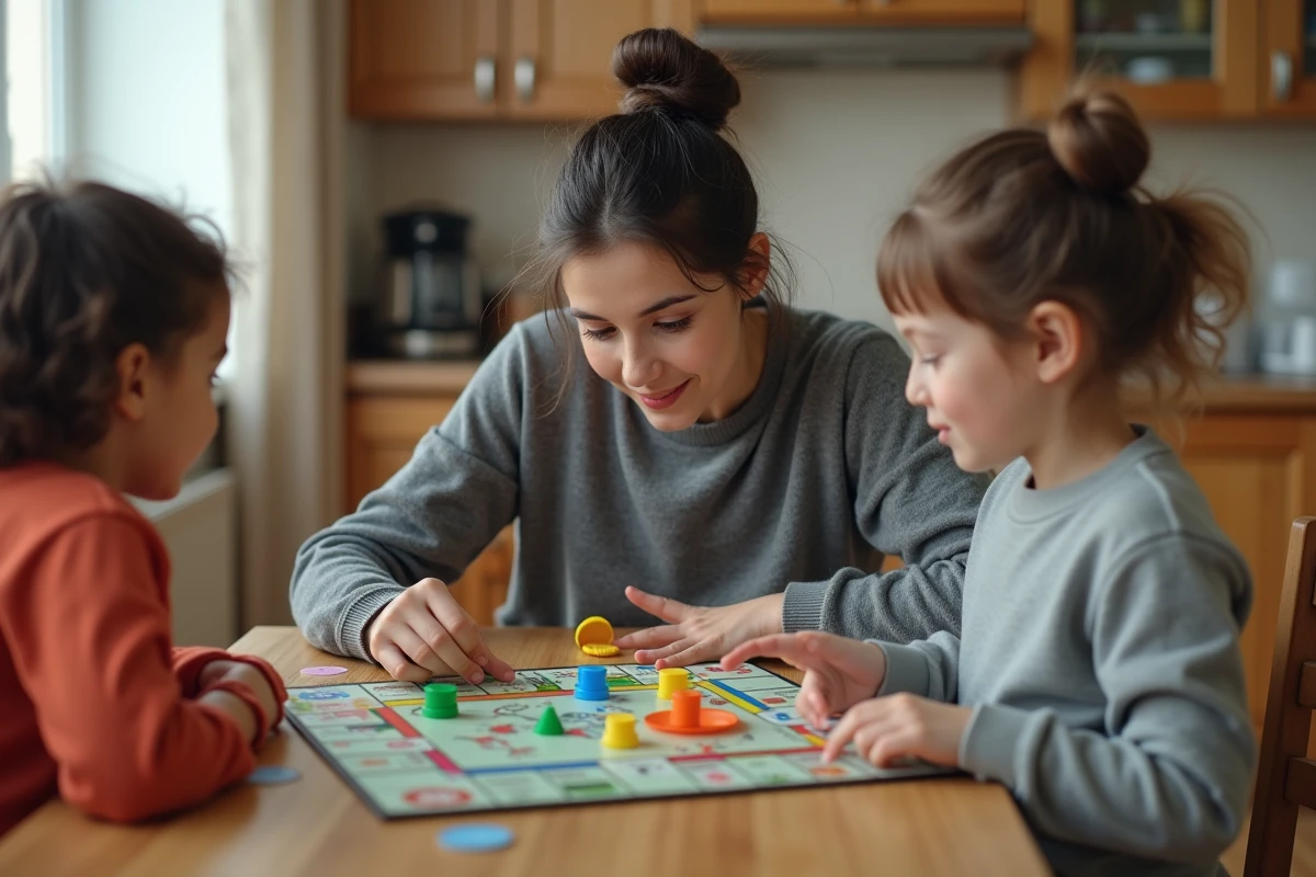 Mère et deux enfants jouant au Monopoly Junior sur une table en bois dans une cuisine familiale