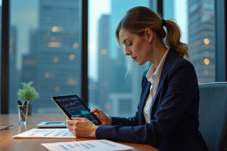 Femme d'affaires regardant une tablette avec des graphiques financiers