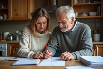 Femme aidant son père âgé à faire des papiers à la maison