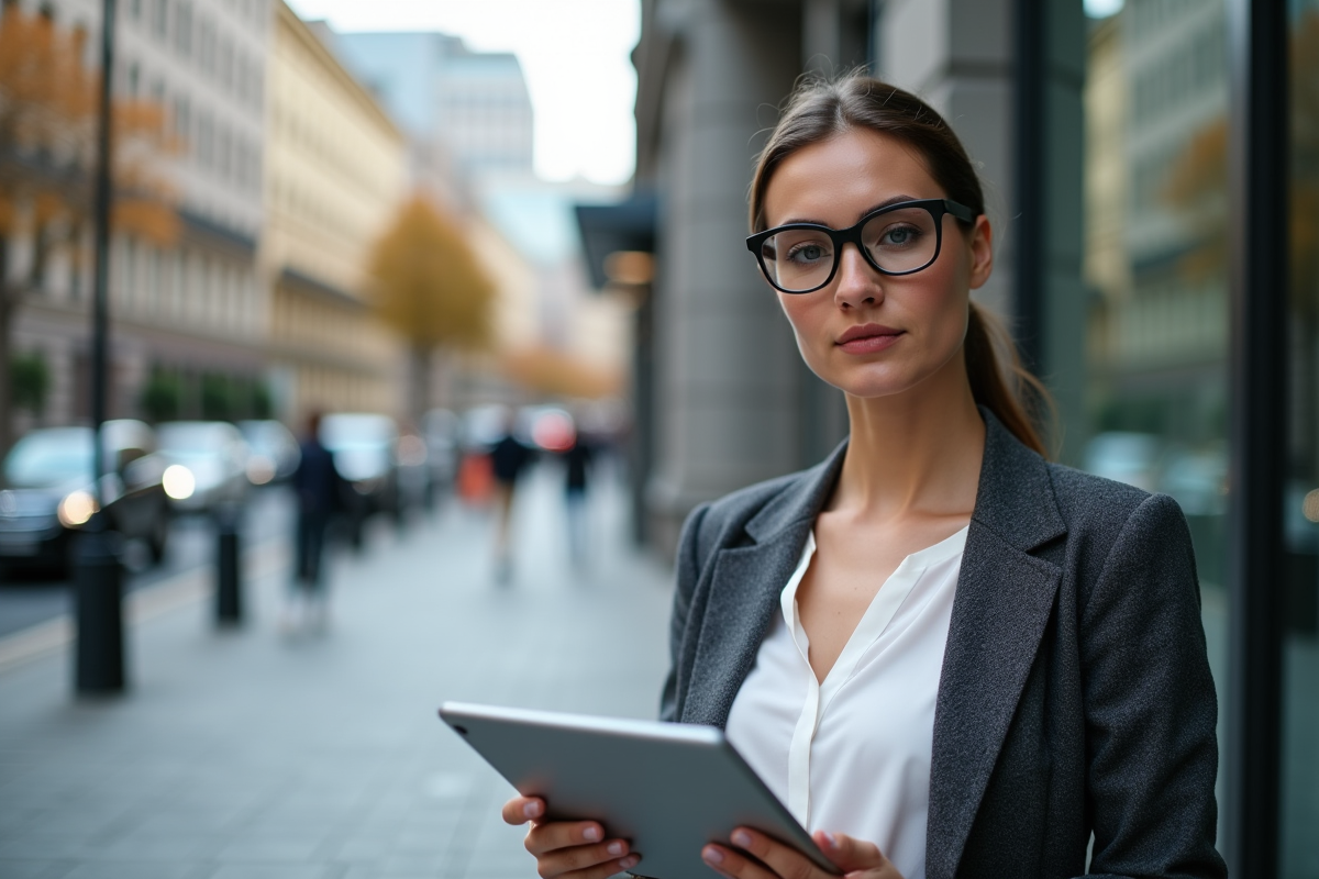 Femme analysant SEO avec tablette en extérieur en ville