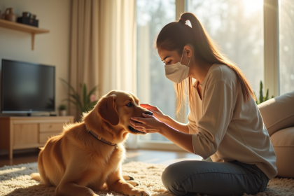 Jeune femme portant un masque à la maison avec un golden retriever
