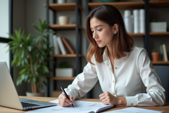 Jeune femme en bureau moderne consulte plans de construction
