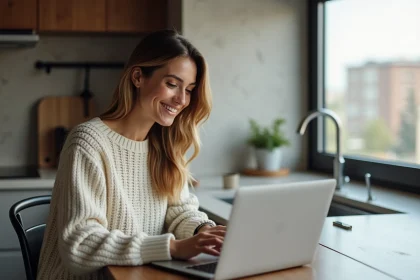 Femme souriante travaillant au bureau avec café et ordinateur