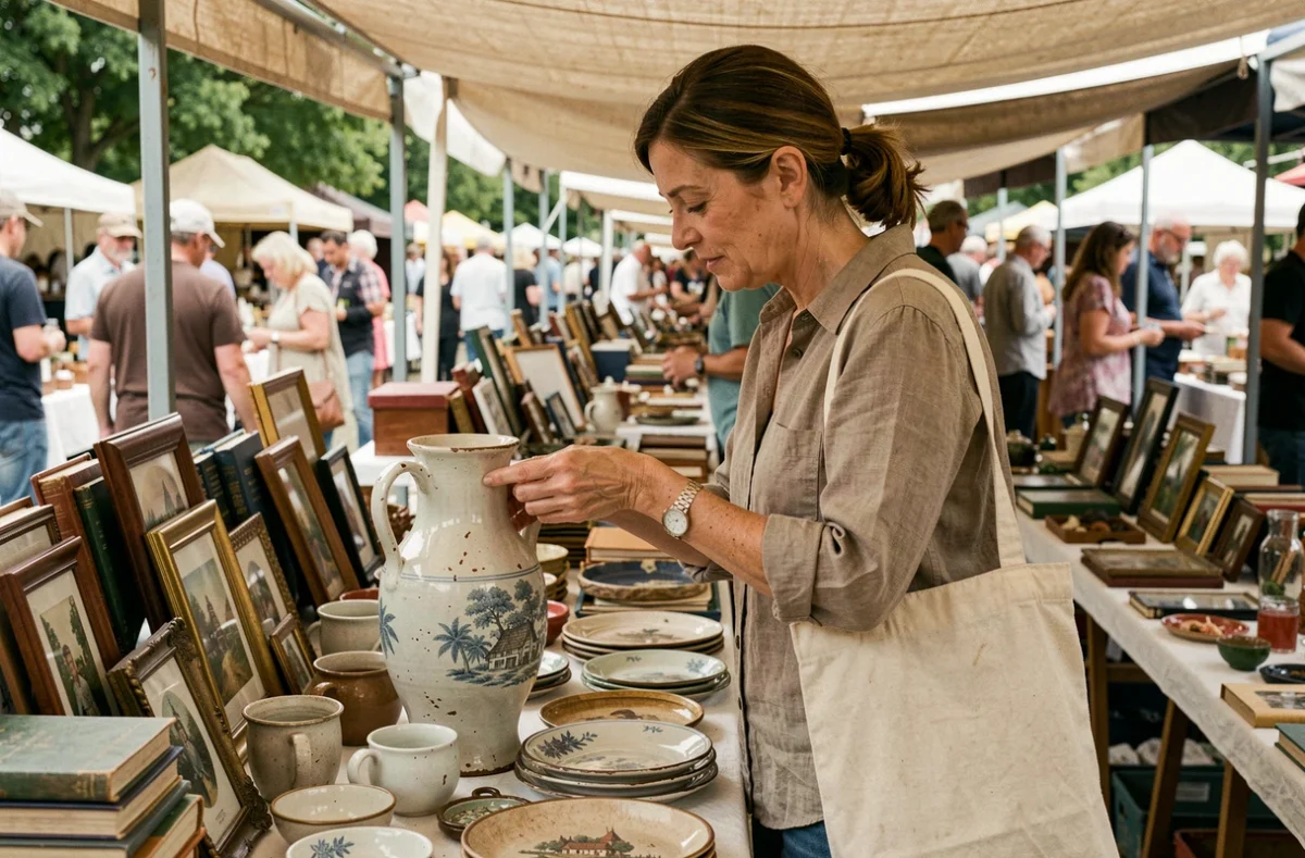 Femme chinant un vase vintage sur un marché aux puces en plein air le week-end