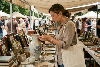 Femme chinant un vase vintage sur un marché aux puces en plein air le week-end