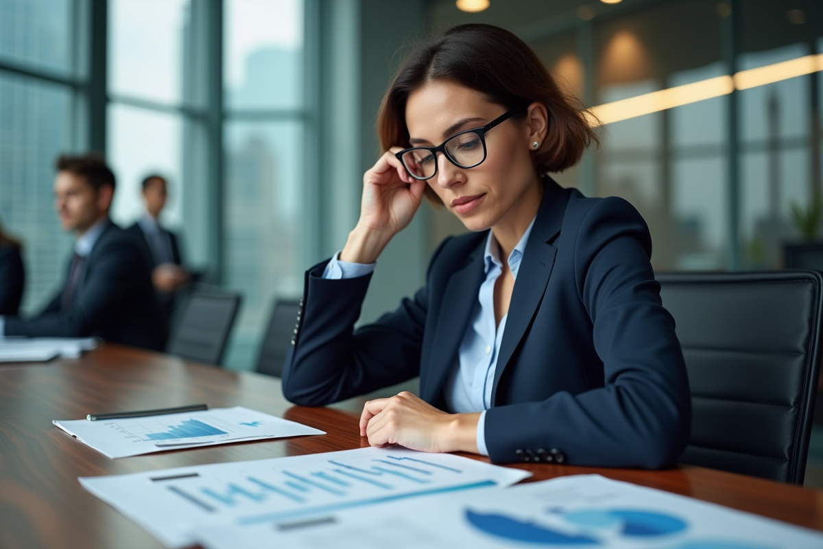 Femme confiante en costume navy analysant des graphiques financiers