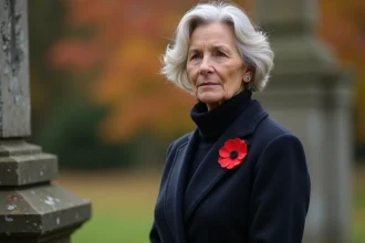 Femme portant un coquelicot rouge épinglé sur le revers gauche de son manteau sombre lors d'une commémoration
