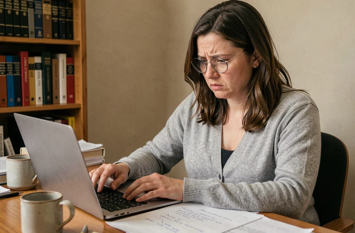 Femme corrigeant une faute de grammaire sur un document imprimé dans un bureau à domicile