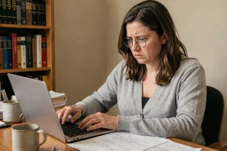 Femme corrigeant une faute de grammaire sur un document imprimé dans un bureau à domicile