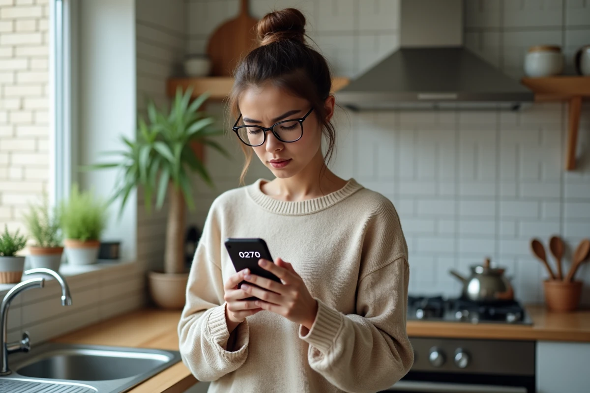 Femme dans sa cuisine hésite à répondre à un appel téléphonique