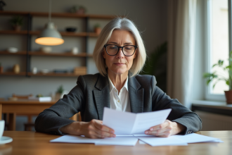 Femme d'affaires lisant des documents dans un intérieur lumineux