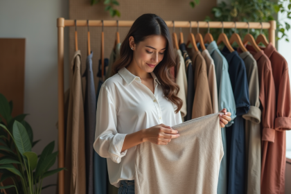 Femme compare deux tissus dans un studio cosy