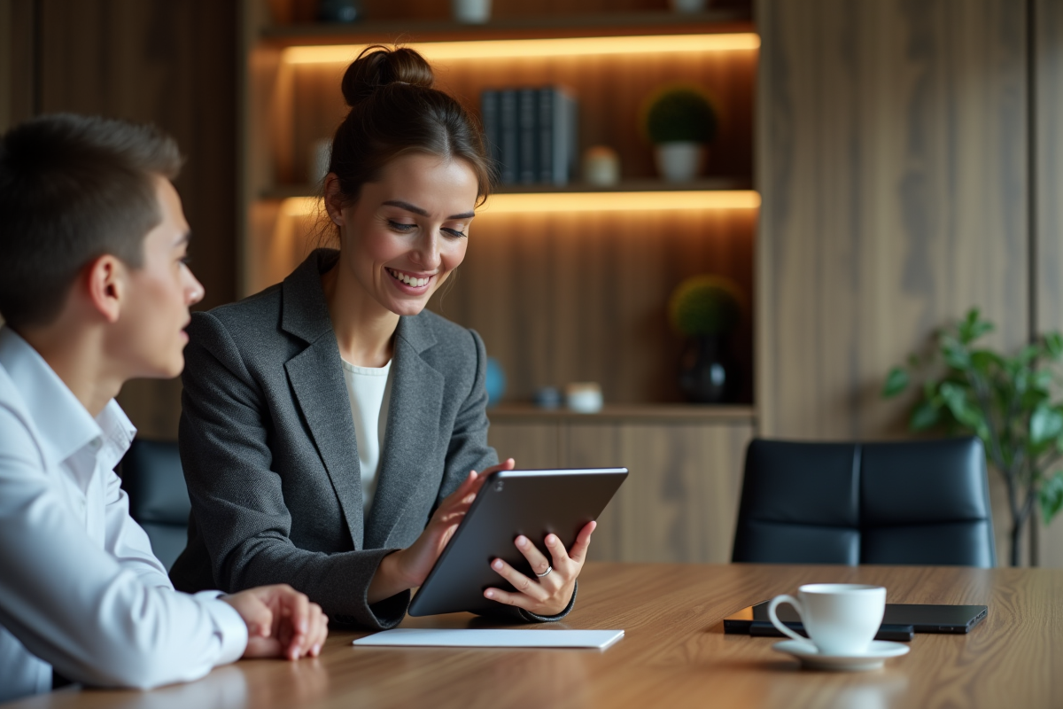 Femme experte en technologie montrant une tablette à un professionnel