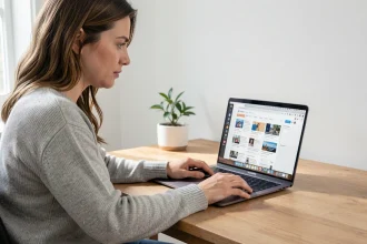 Femme ajoutant un favori dans son navigateur web sur un ordinateur portable depuis son bureau à domicile