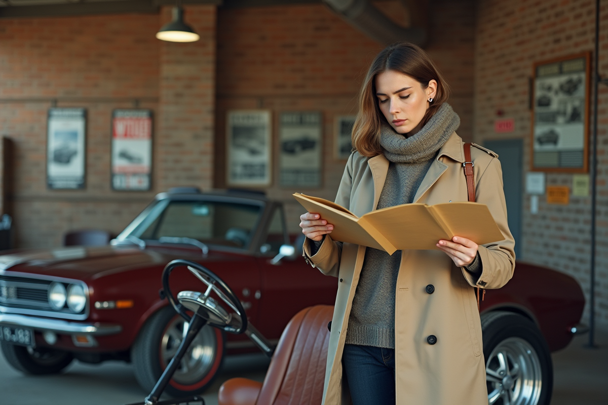 Femme examinant documents de voiture vintage dans un garage
