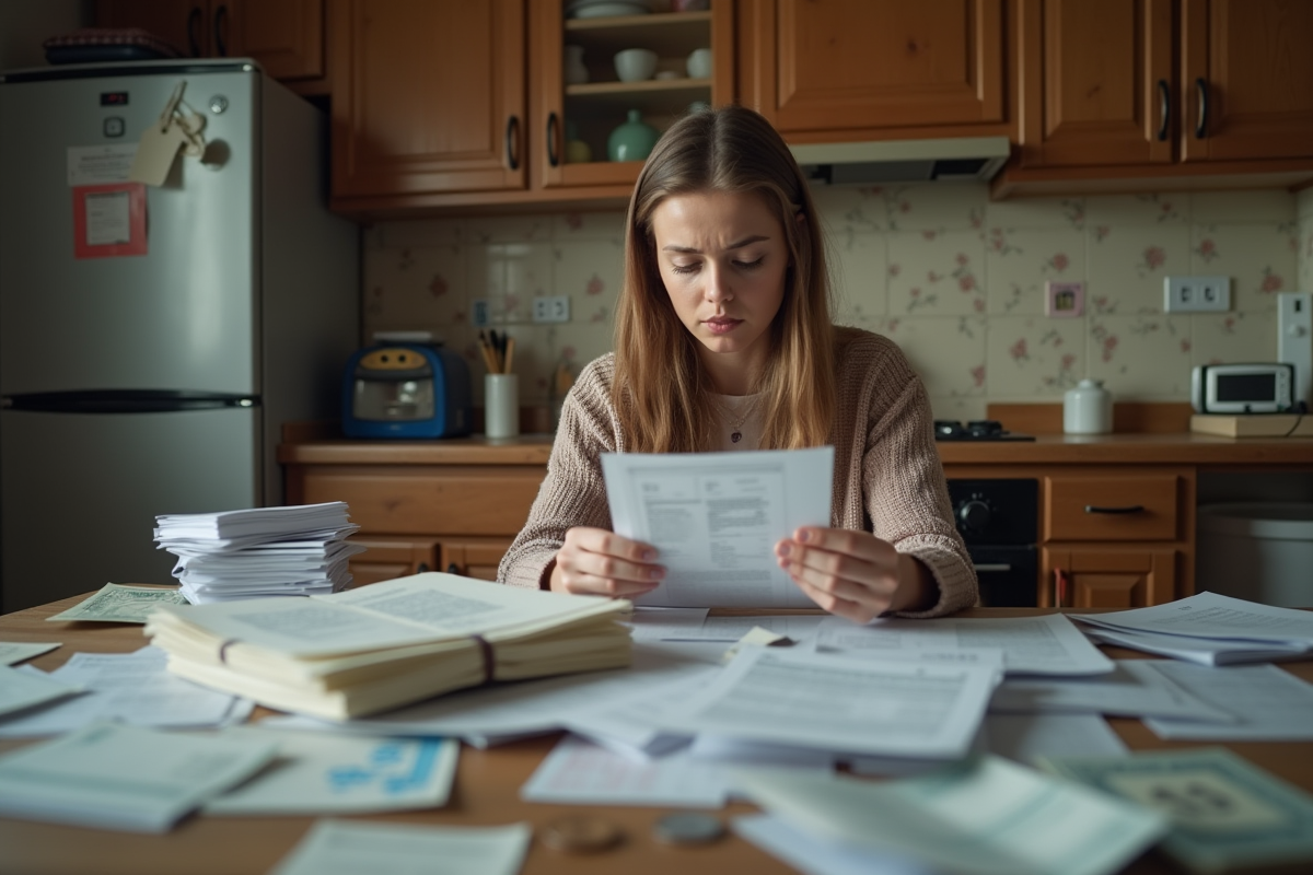 Jeune femme analysant ses papiers financiers à la maison