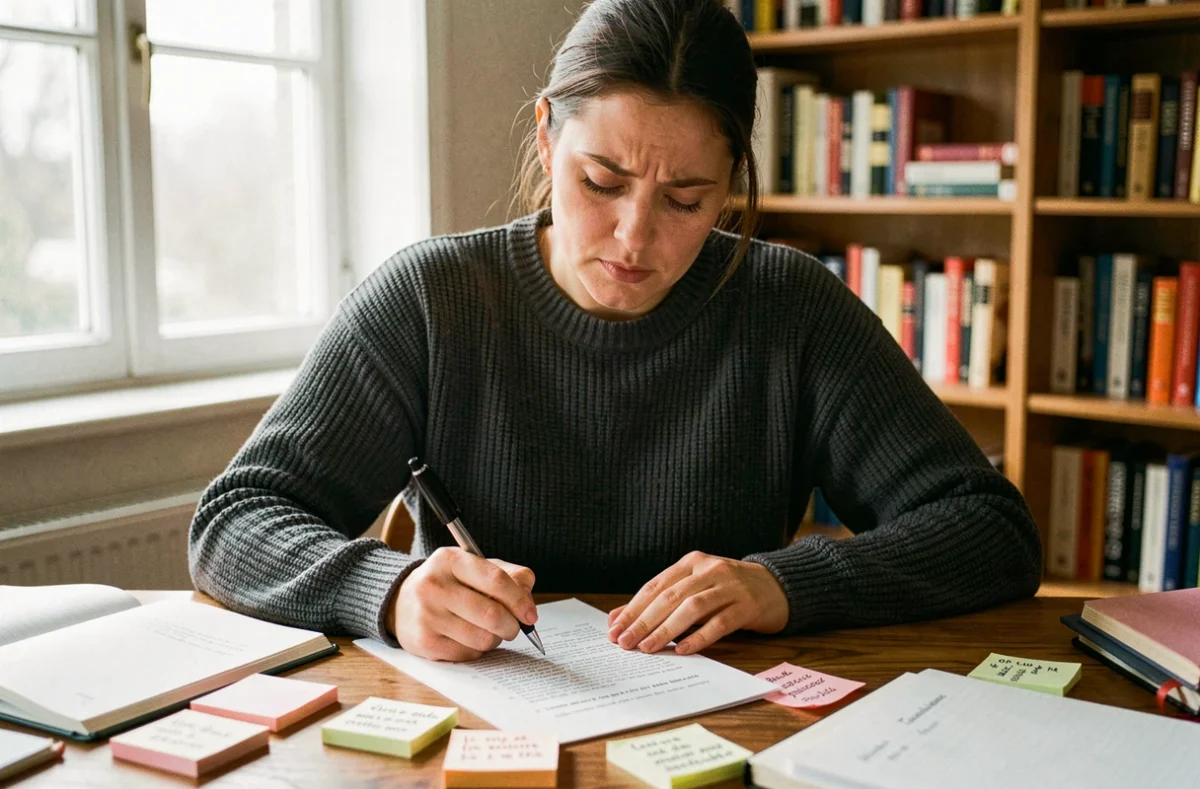 Femme concentrée relisant une règle de grammaire française sur un bureau en bois entouré de cahiers et de notes manuscrites