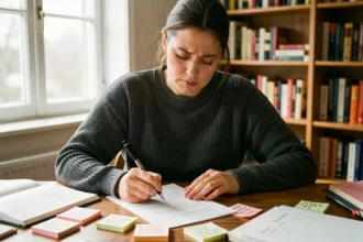 Femme concentrée relisant une règle de grammaire française sur un bureau en bois entouré de cahiers et de notes manuscrites